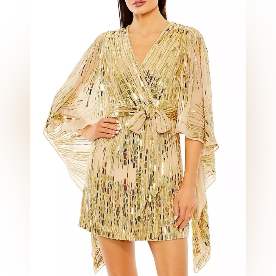 Mac Duggal 10036 Nude Gold Cape Sleeve Embellished Dress Sz Xs